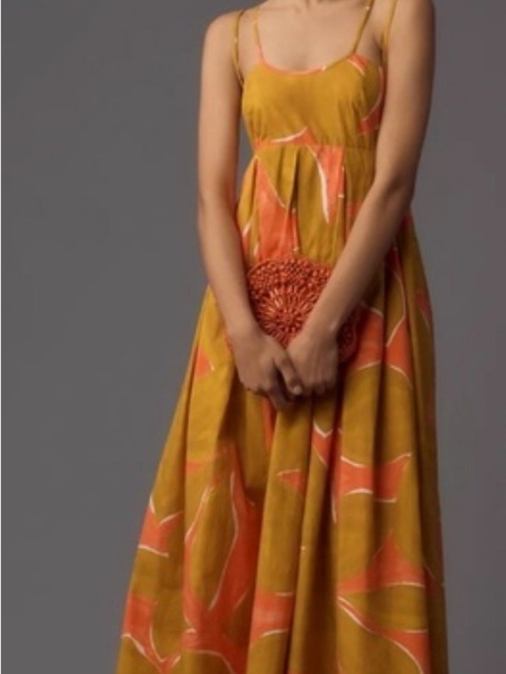 Anthropologie Mustard Maxi Dress with Coral Print